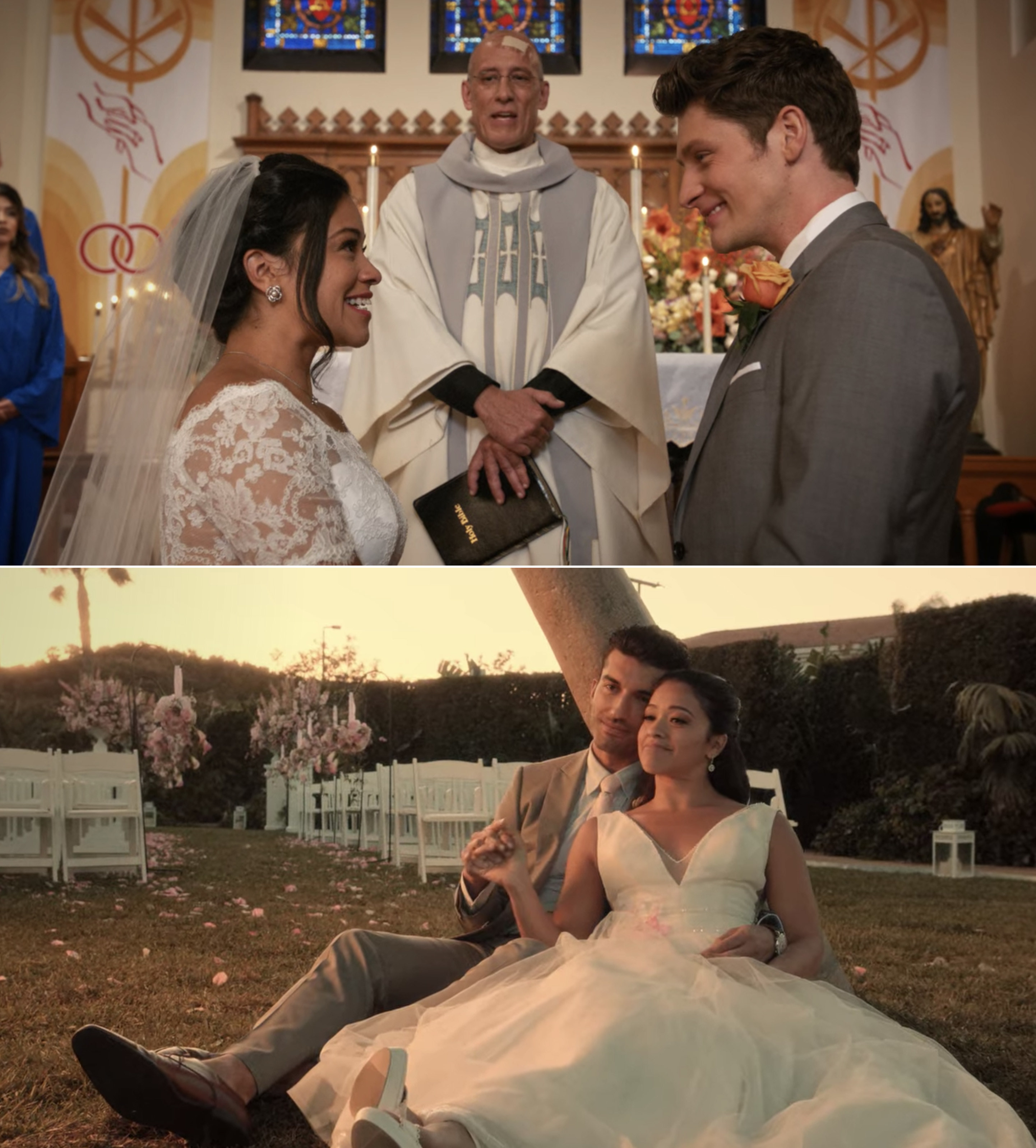 Jane and Michael on their wedding day and Jane and Rafael on theirs