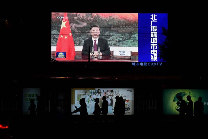 An image of Chinese President Xi Jinping appearing by video link at the United Nations 75th anniversary.