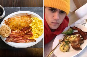 Breakfast platter and Justin Bieber with breakfast.
