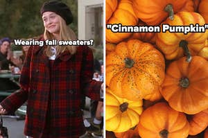 cher from clueless wearing fall clothes and pumpkins