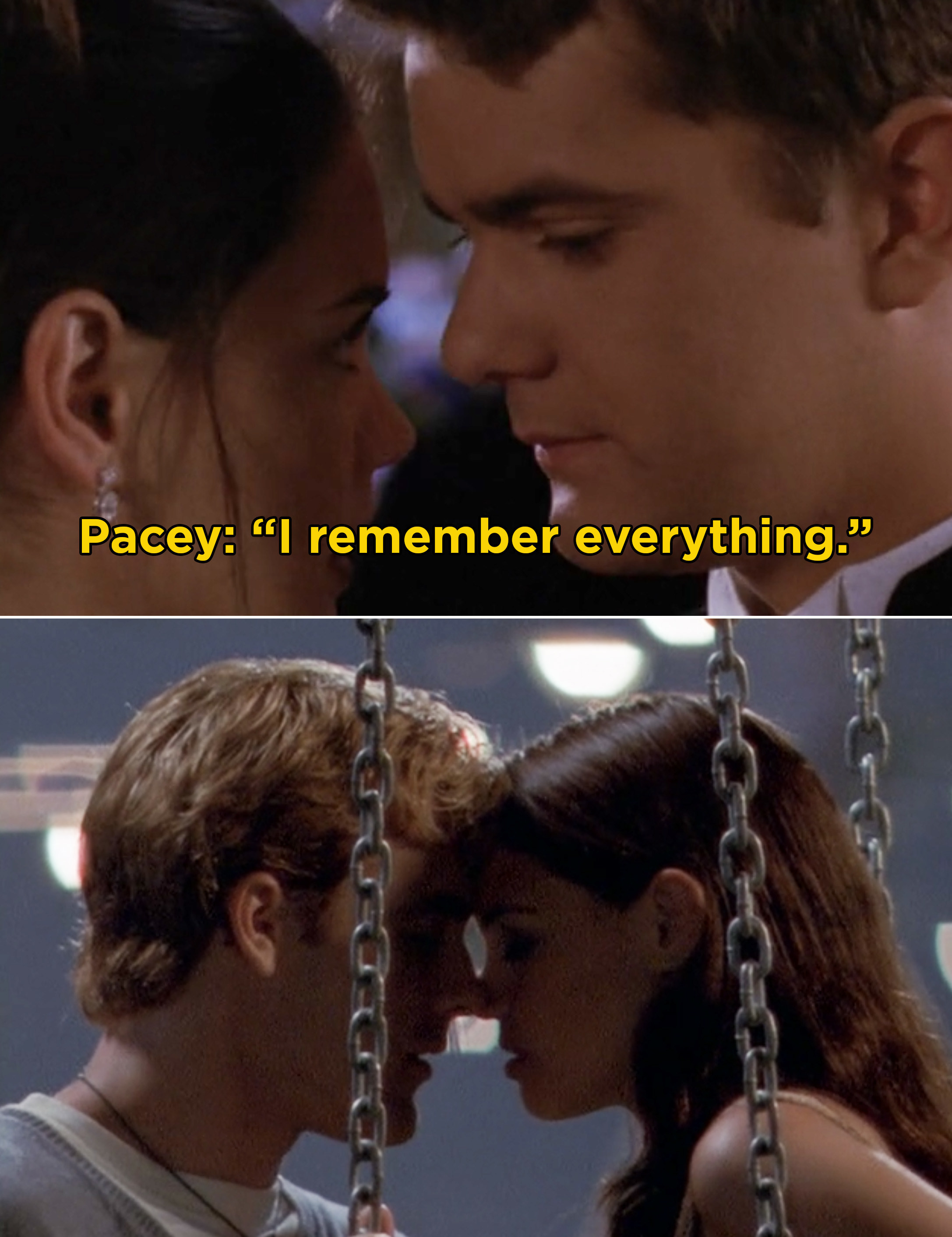 Pacey telling Joey &quot;I remember everything&quot; and Dawson and Joey kissing on the swings