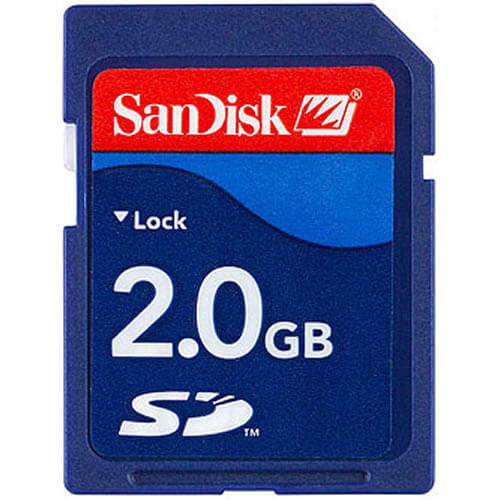 A pic of a SanDisk 2.0 GB memory card