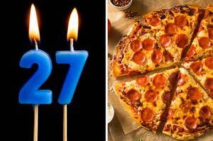 On the left, birthday number candles that make "27," and on the right, a pepperoni pizza