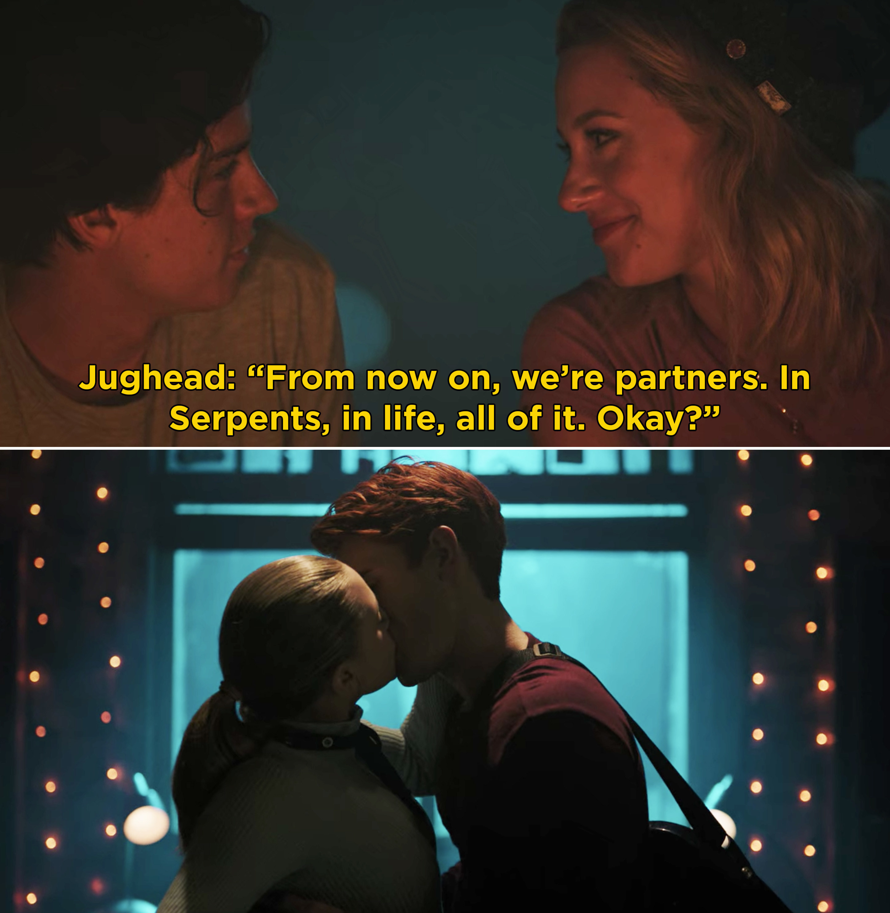 Jughead telling Betty, &quot;From now on, we&#x27;re partners&quot; and Betty and Archie kissing