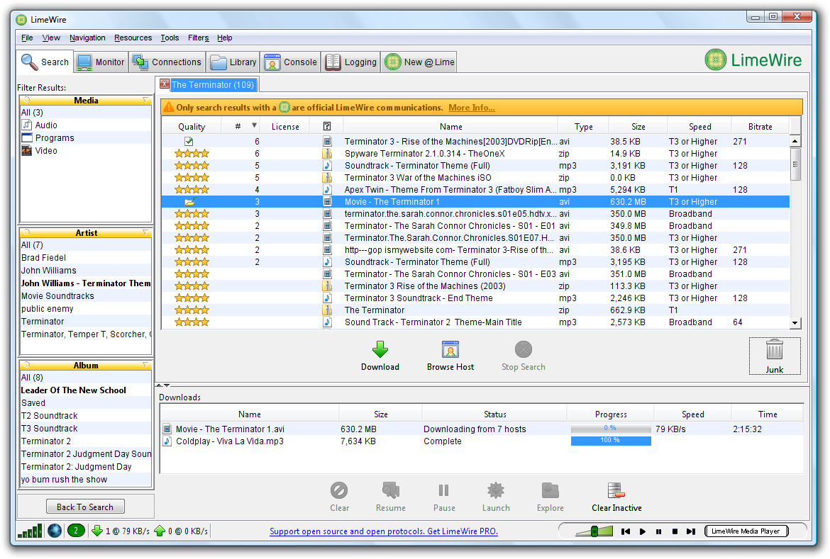 A screenshot of MP3s being downloaded on LimeWire