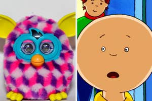 A Furby is on the left with Caillou looking surprised on the right