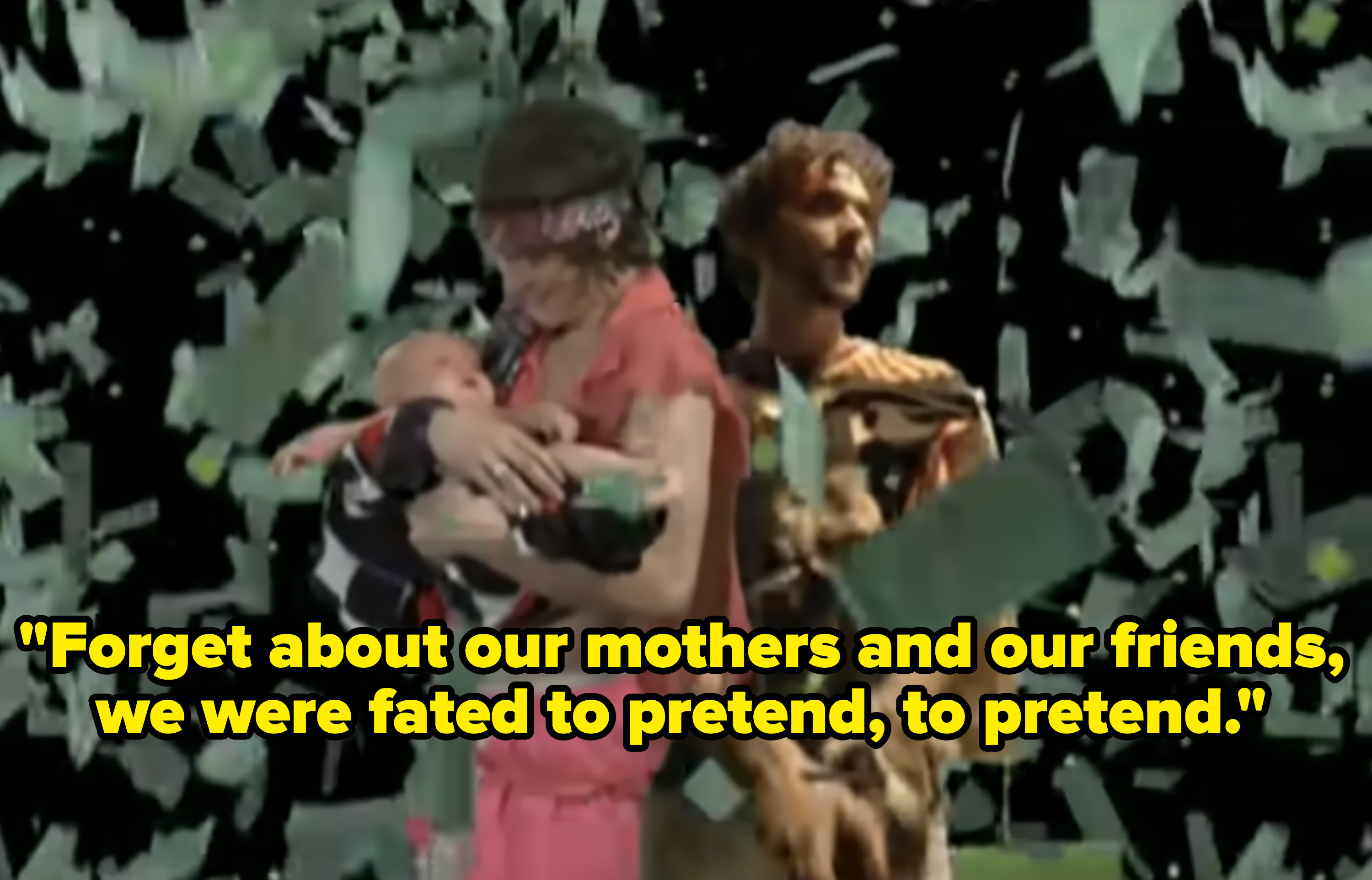 Psychedelic photo of MGMT in a room raining money while Andrew holds a baby. 