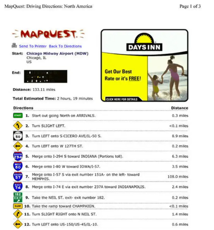 A screenshot of a MapQuest map with a Days Inn ad on it
