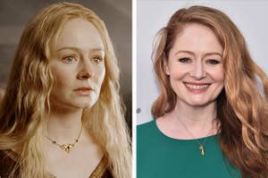 Side-by-side of Éowyn in "Lord Of The Rings" and Miranda Otto at a red carpet event