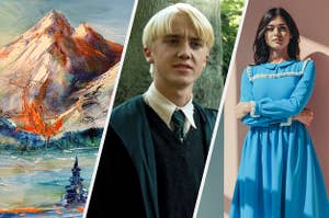 A mountain painting, Draco Malfoy, and a woman in a collared dress