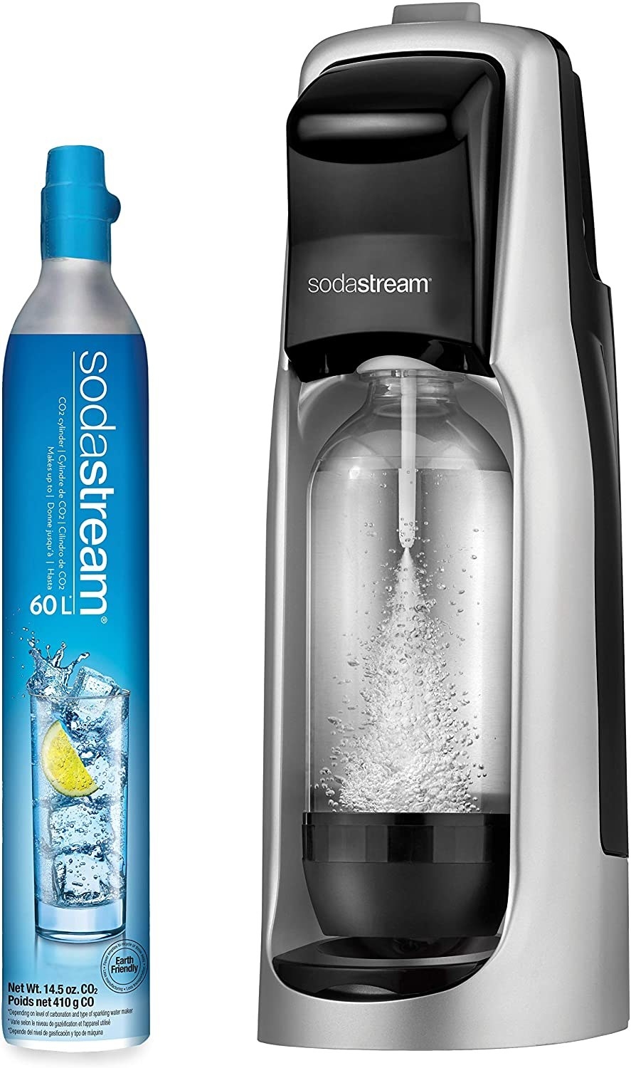 silver soda stream and CO2 bottle
