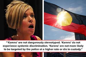 Side-by-side of a "Karen" woman and the Aboriginal flag