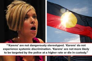 Side-by-side of a "Karen" woman and the Aboriginal flag