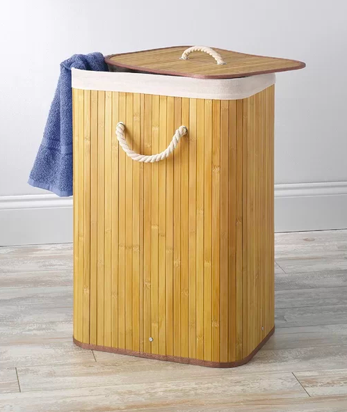 Upright wood hamper with rope handles and matching top
