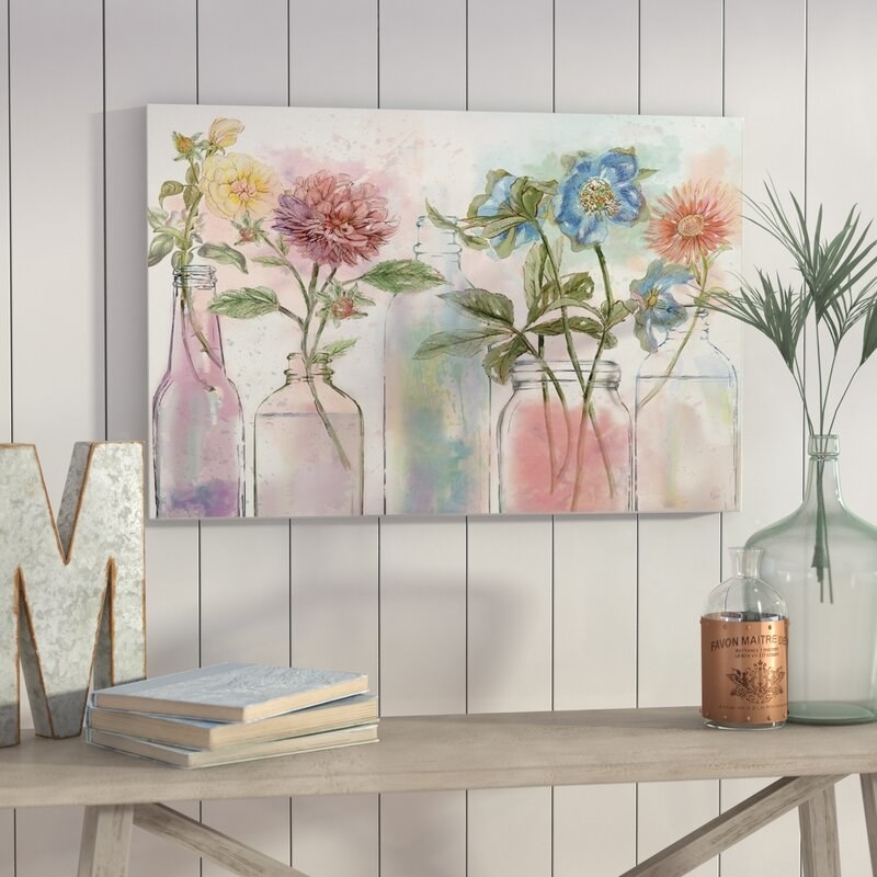 An 18x27&quot; print of five illustrated vases with watercolor flowers inside