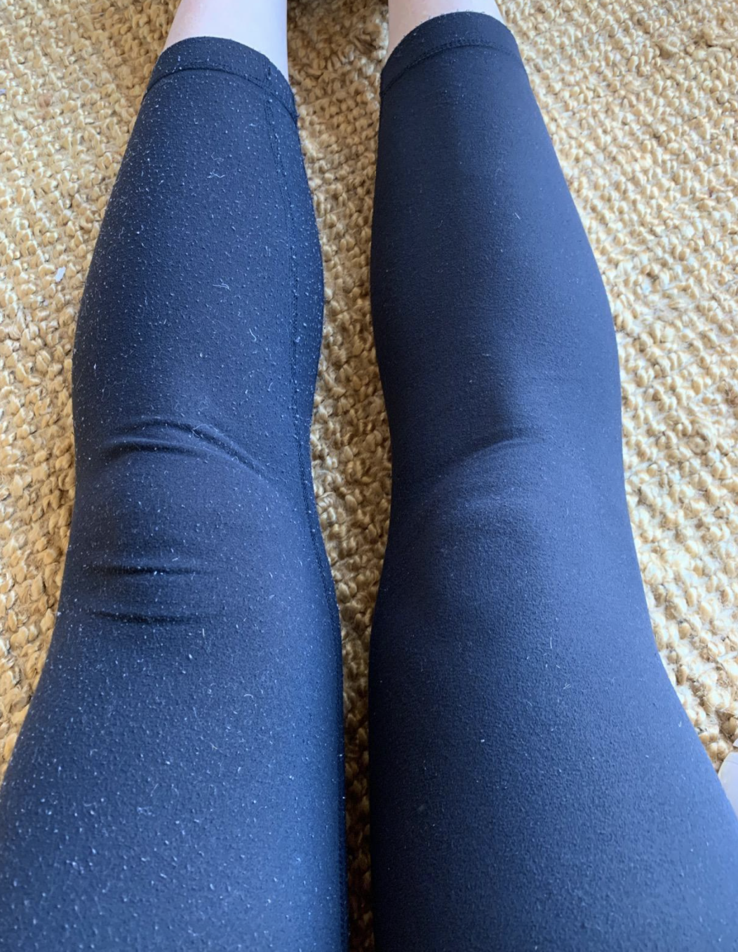 reviewer wearing blue leggings with visible pilling on the left leg and no pilling on the right