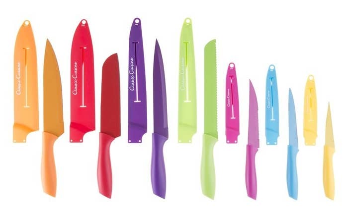 The set of knives, each in a different bright color