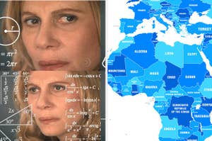 Confused thinking lady and world map