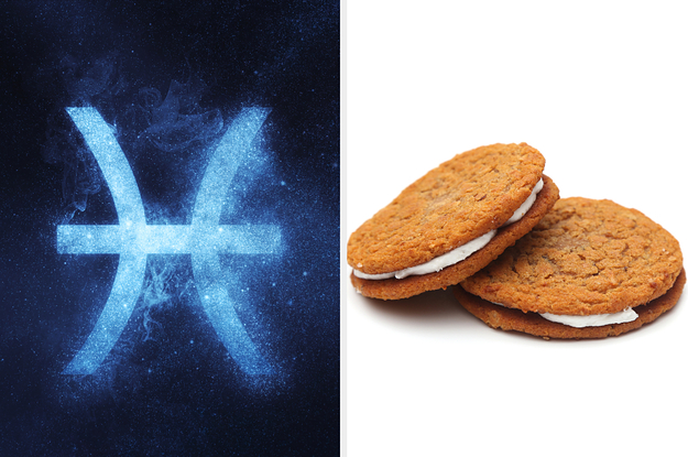 On the left, the symbol for Pisces, and on the right, two oatmeal creme pies