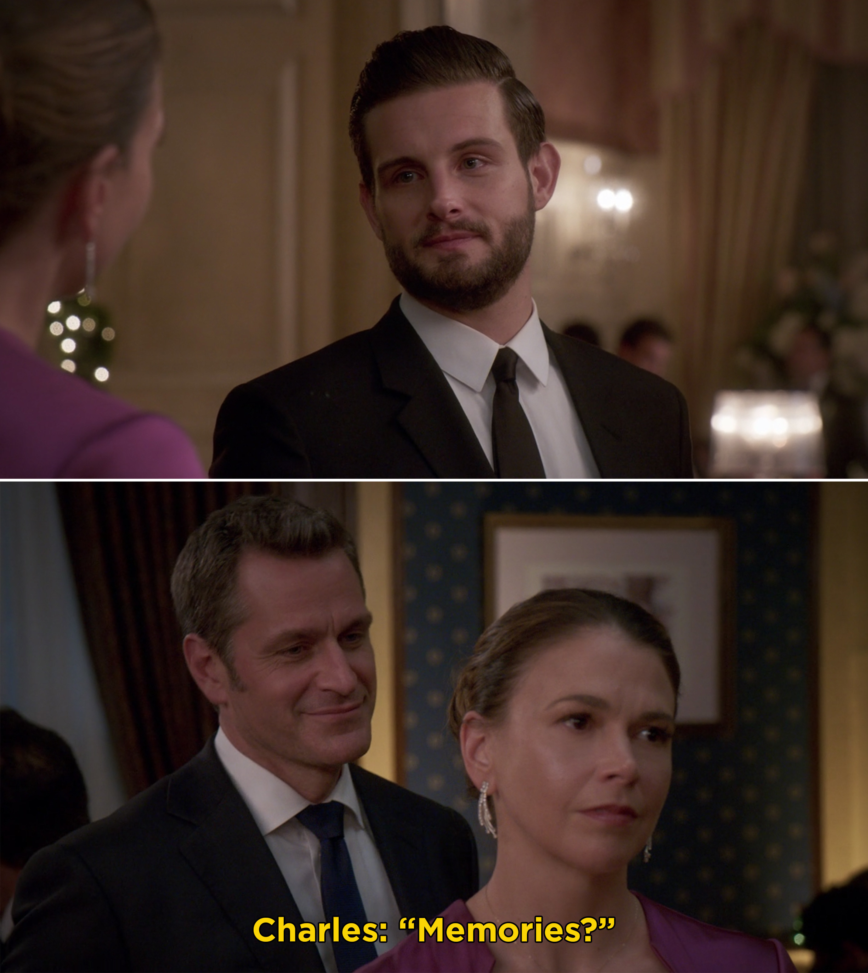 Liza looking longingly after Josh and Charles coming up behind her and saying, "Memories?"