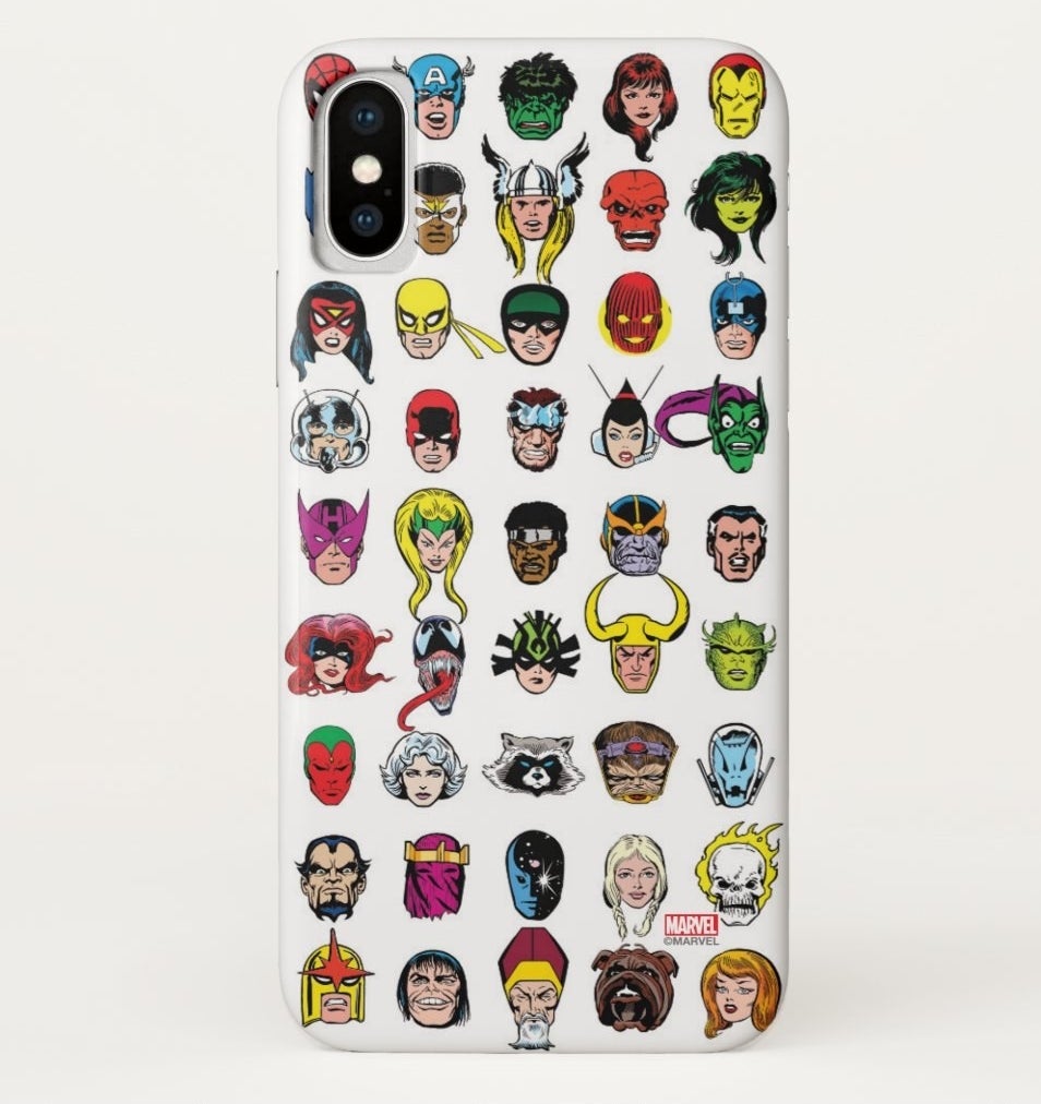A white phone case with 45 different heads of Marvel Comics characters