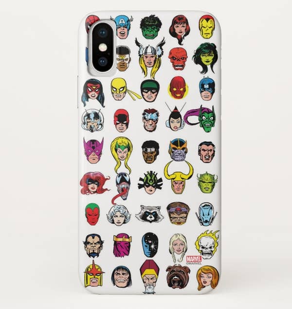 A white phone case with 45 different heads of Marvel Comics characters