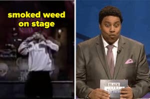 The band Cypress Hill titled "smoked weed on stage" and Kenan Thompson looking shocked