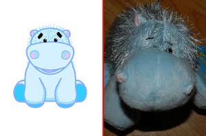 Hippo Webkinz, as both a virtual avatar and a plush toy