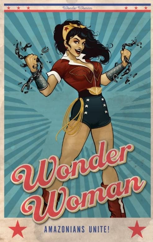 Postcard of Wonder Woman breaking chains that says &quot;Amazonians Unite!&quot; 