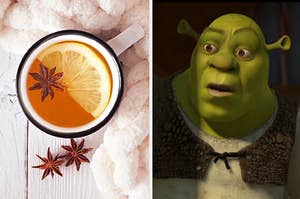 A hot cup of tea with a lemon in it on the left, and shrek on the right