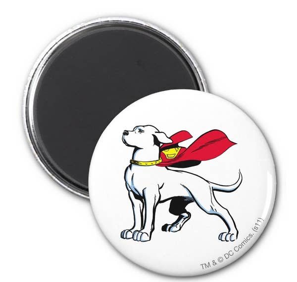 A round white magnet with Krypto wearing a red cape