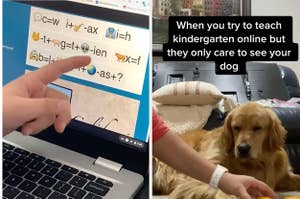 A elementary school student pointing at their homework which is just a jumble of emojis and symbols, and a kindergarten teacher using her dog to help her students learn how to count