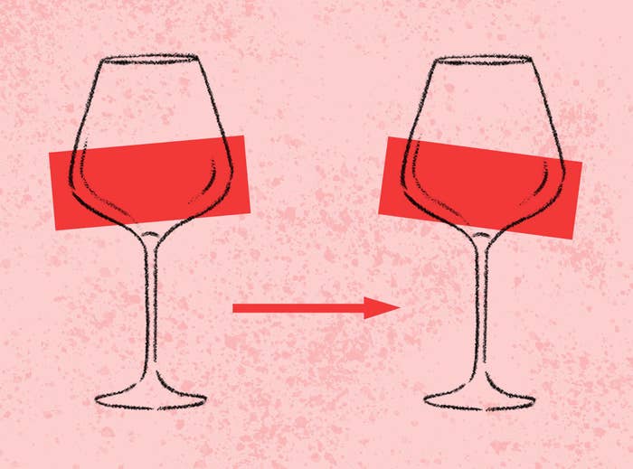 Two glasses of red wine with an arrow between them.