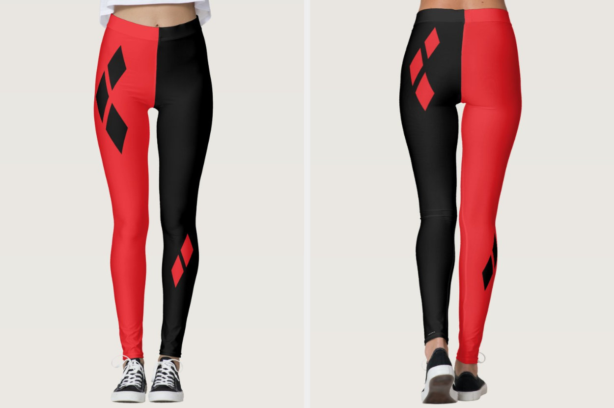 Split image of model wearing leggings with one red and one black leg with diamond logos