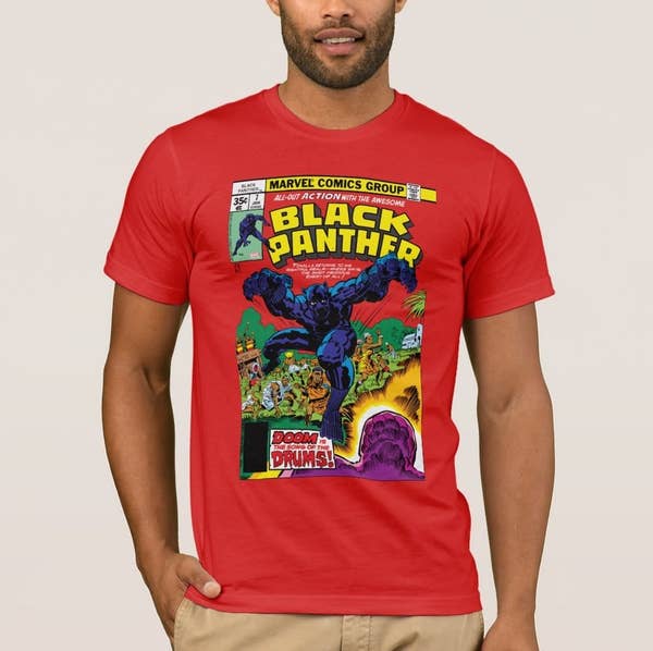 Model wearing a read T-shirt with a classic Black Panther comic book cover