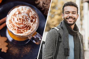 On the left, a pumpkin spice latte, and on the right, a college student wearing a coat, scarf, and backpack