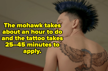 Shirtless Hawk from Cobra Kai with the caption, "The mohawk takes about an hour to do and the tattoo takes 25–45 minutes to apply."