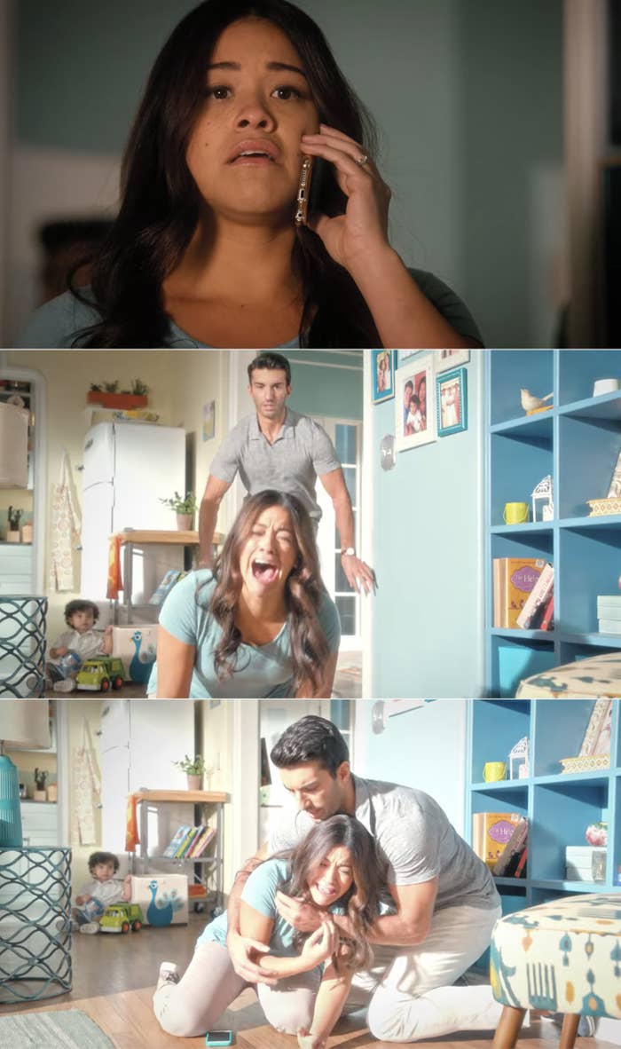 Jane from "Jane the Virgin" weeping in Rafael's arms