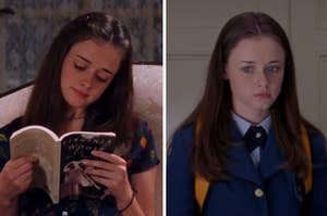 Rory reading a book on the left, and rory in her chilton uniform on the right