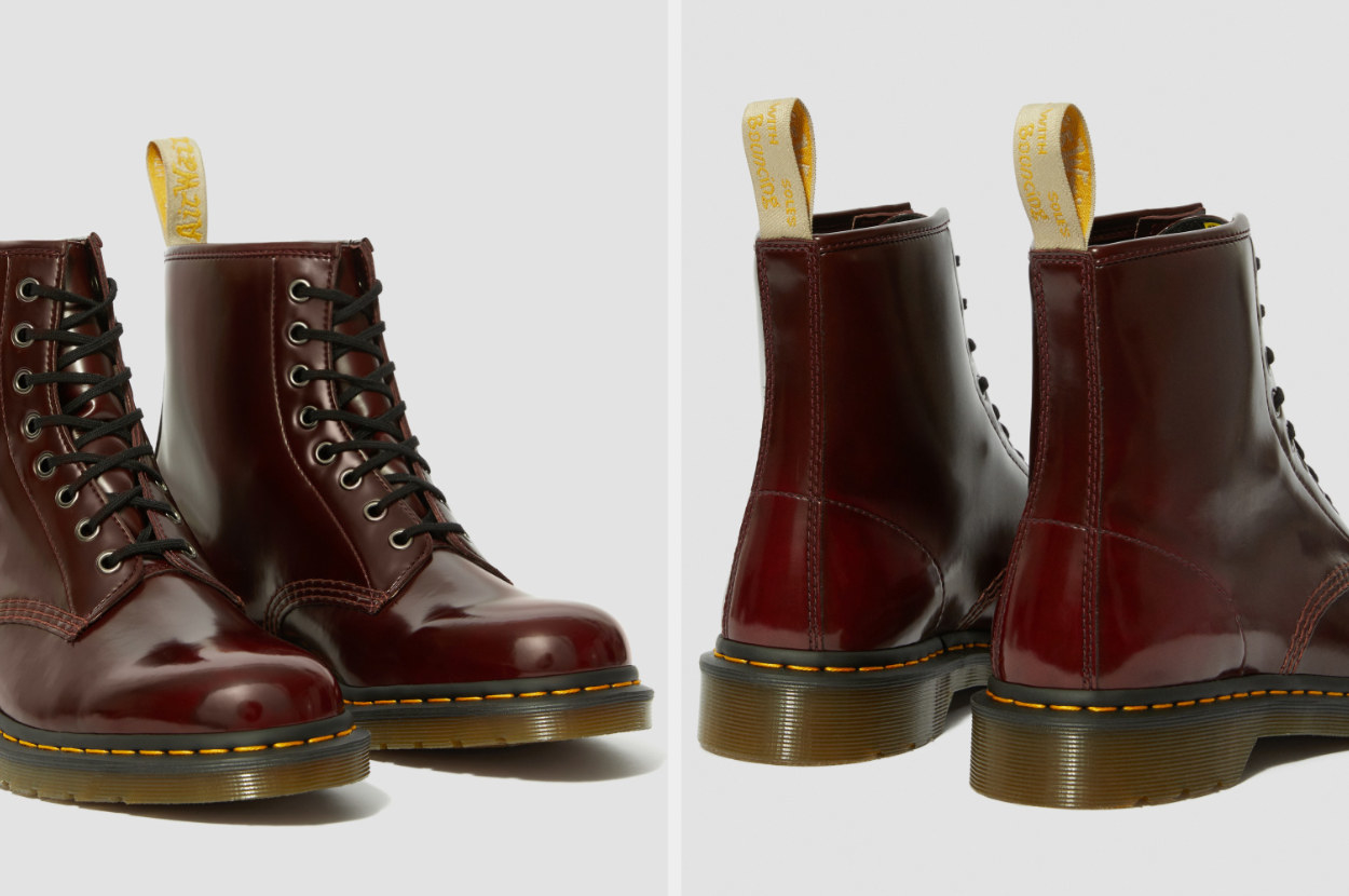 Angled front and back views of cherry red oxford boots