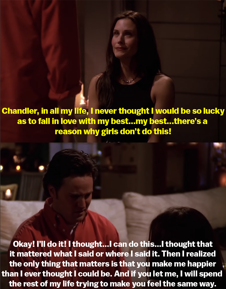 Monica tries to propose but starts crying, so Chandler finishes for her, saying how happy Monica makes him and how he wants to make her feel the same way forever