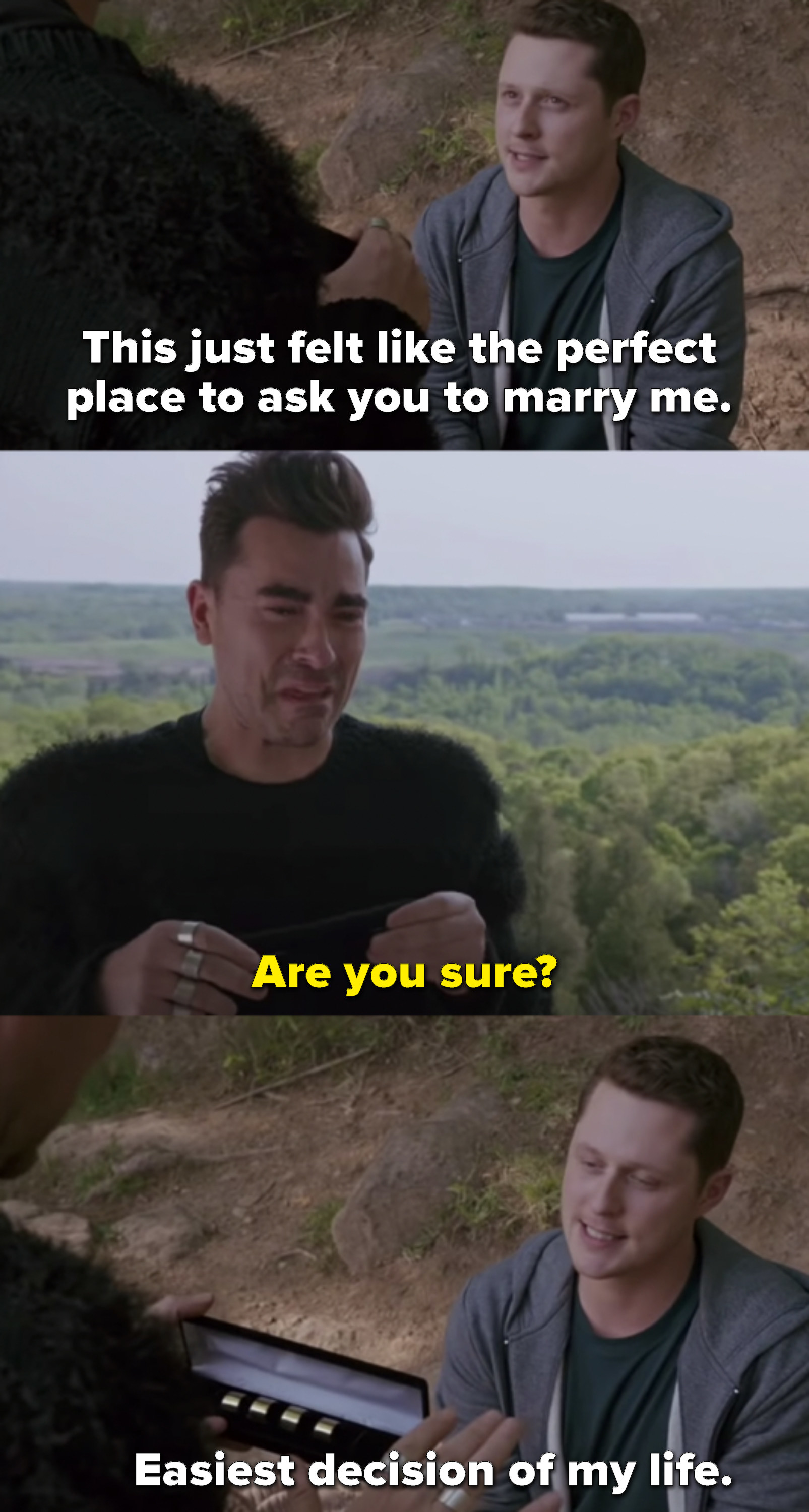 Patrick says he thought this was the perfect place to propose to David, then presents him with rings. David asks if he&#x27;s sure, and Patrick says it was the easiest decision of his life