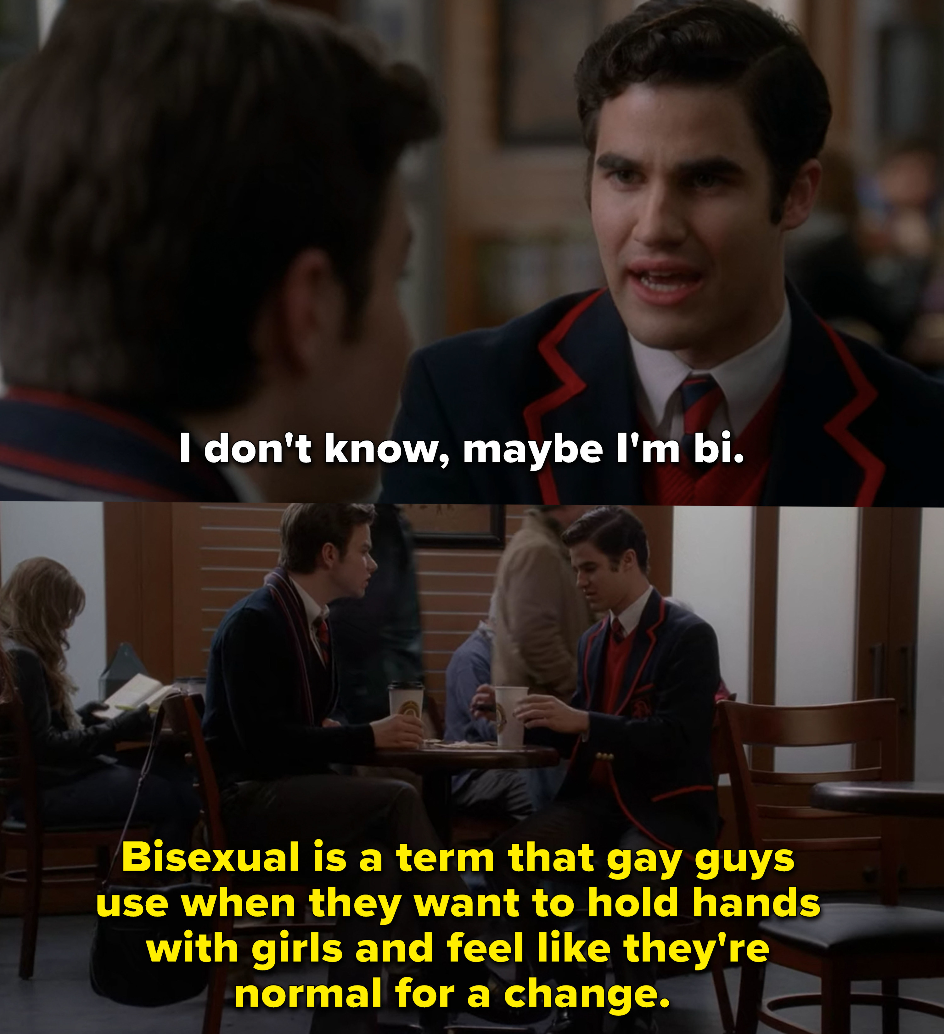 Kurt on &quot;Glee&quot; tells Blaine that bisexual is &quot;a term that gay guys use when they want to hold hands with girls and feel like they&#x27;re normal for a change&quot;