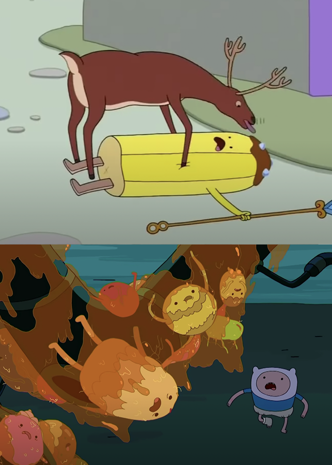 The Deer licking one of the candy people and then Finn finds the candy people ina. sticky liquid
