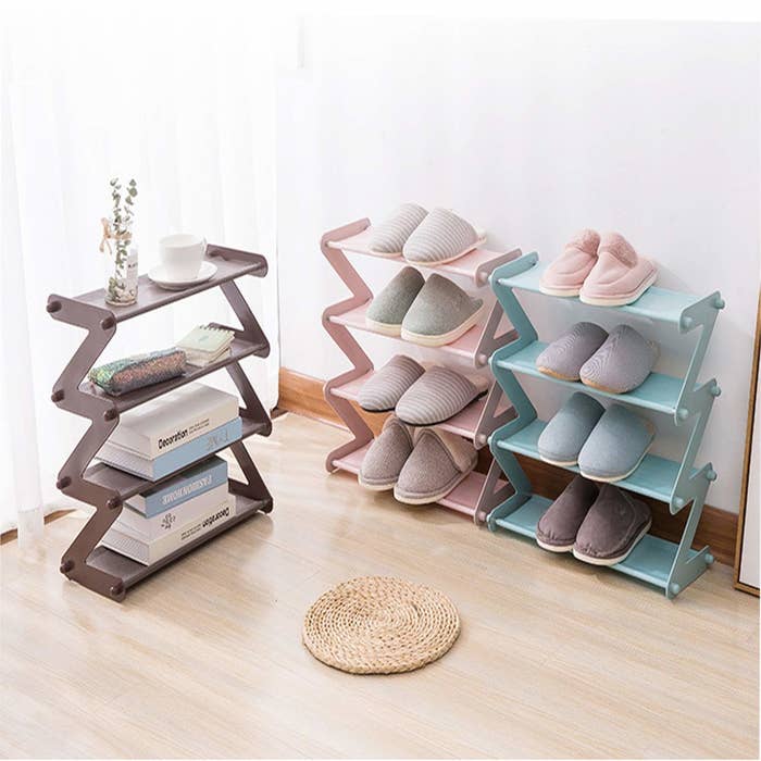 Three collapsible shelves - one pictured with books and plants, the other two with shoes.