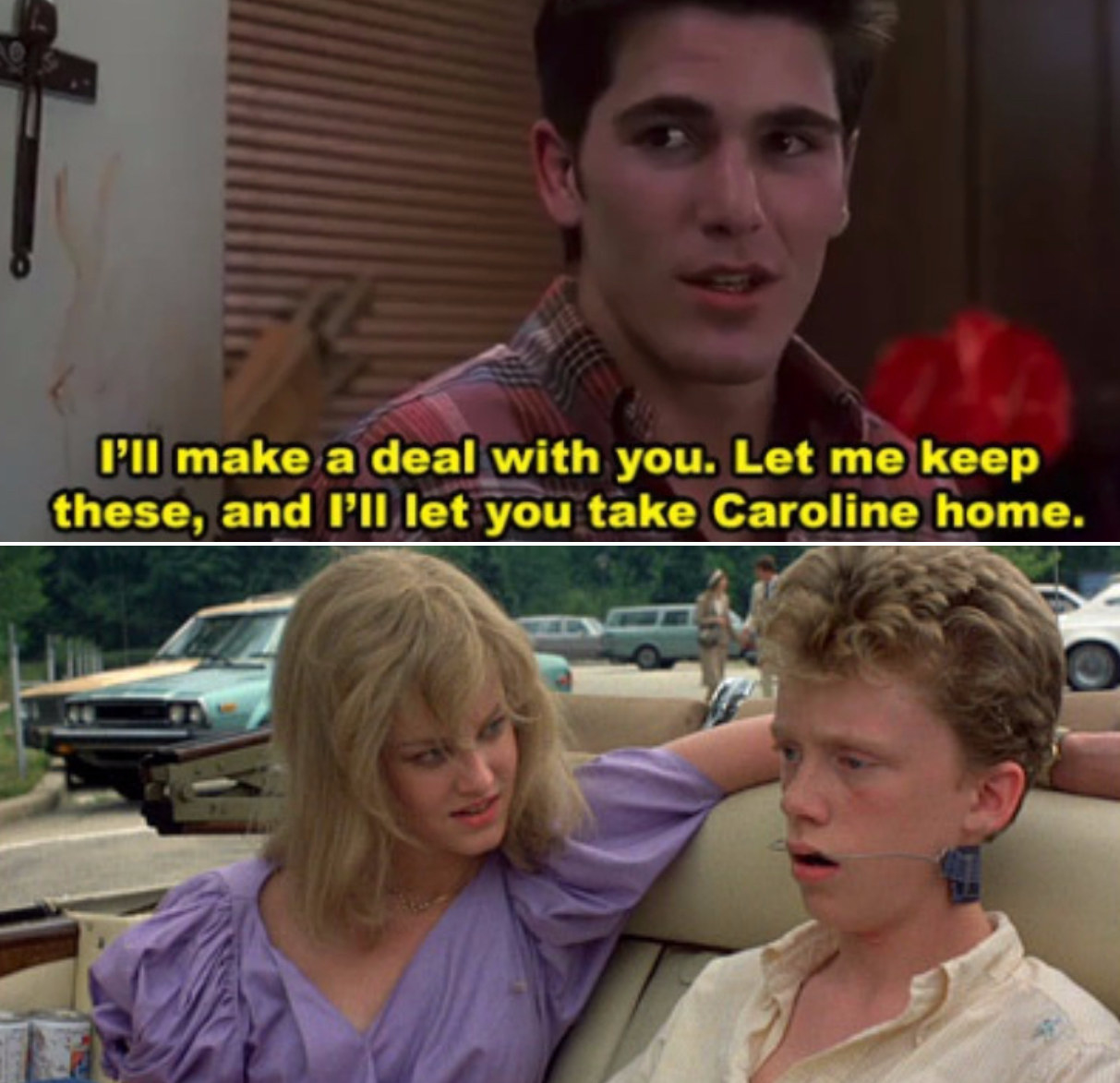 Jake Ryan &quot;handing off&quot; his drunken, unconscious girlfriend to The Geek; Caroline and The Geek disheveled in Jake&#x27;s car the next morning