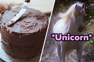 Someone spreading chocolate frosting on a cake on the left and a unicorn on the right
