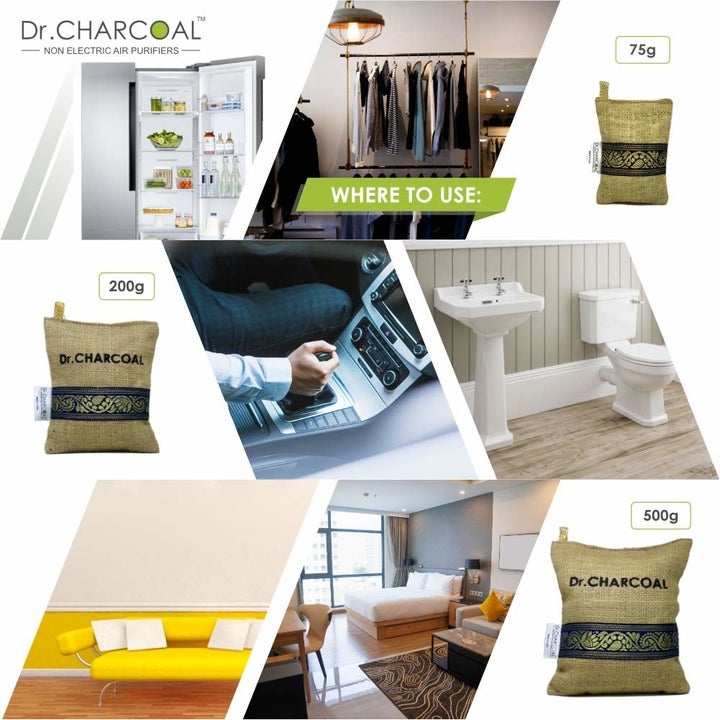 A collage showing that the charcoal deodoriser can be used in homes, cars, cupboards and even in gym bags. 