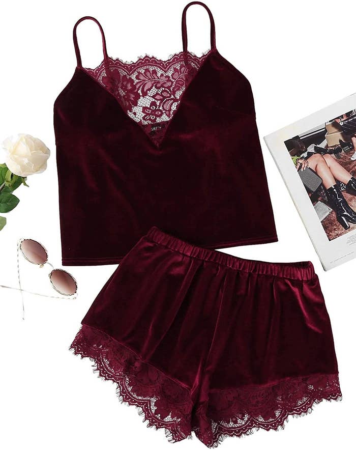 the burgundy velvet tank top and lace trim shorts