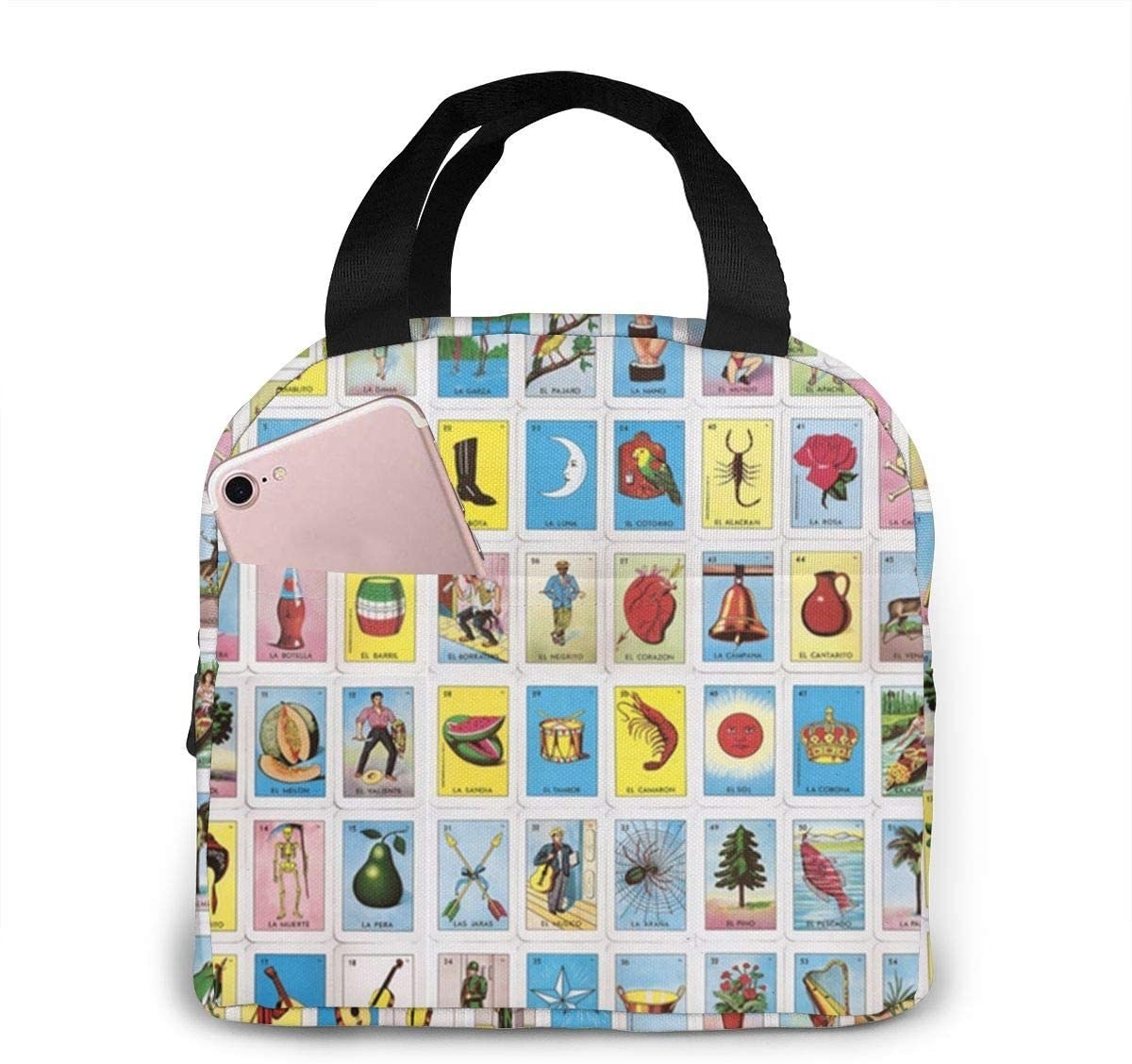 lunchbox with Loteria card print on it